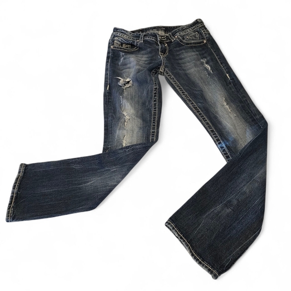 Y2K Vigoss Chelsea Straight Distressed Blue Jeans Women’s 7/8 Rhinestones Bling - Picture 3 of 16